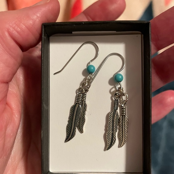 Silver & Turquoise Dangly Feather Earrings (worn once)! - Picture 3 of 6